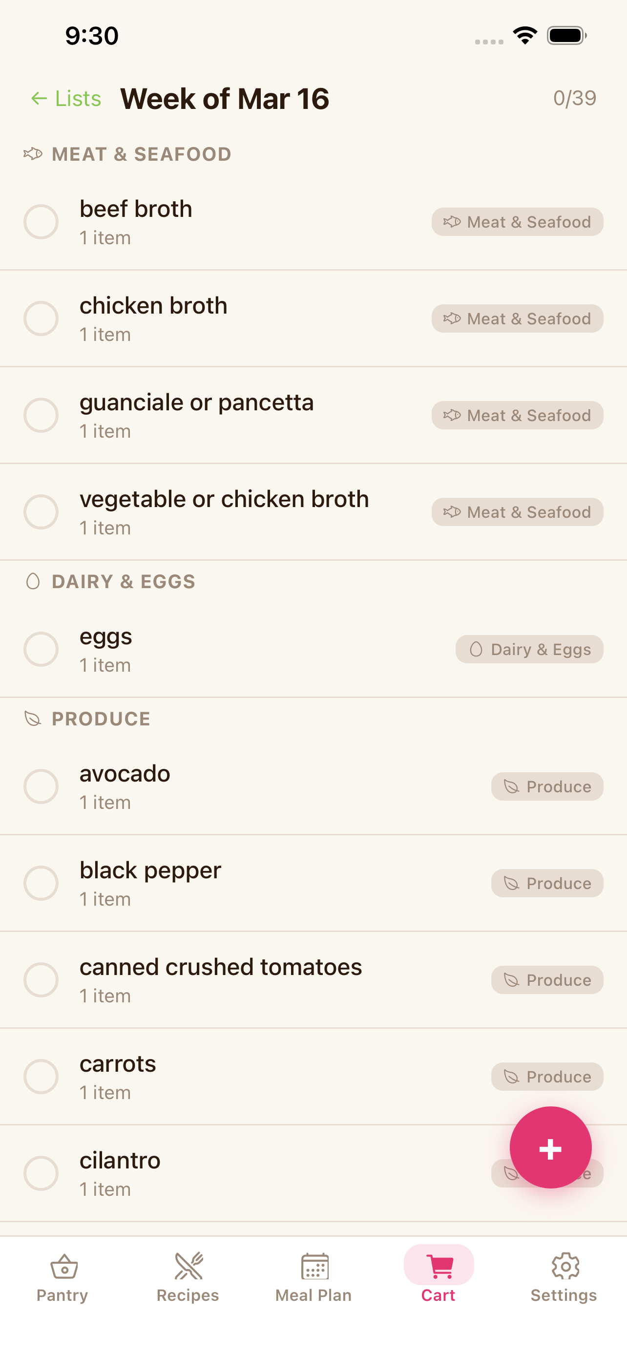 Shopping list screen